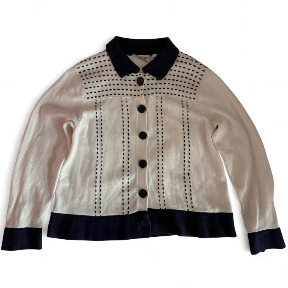 Tanjay Petites Embroidered Knit Button-Up Cardigan | Small | Cream & Navy